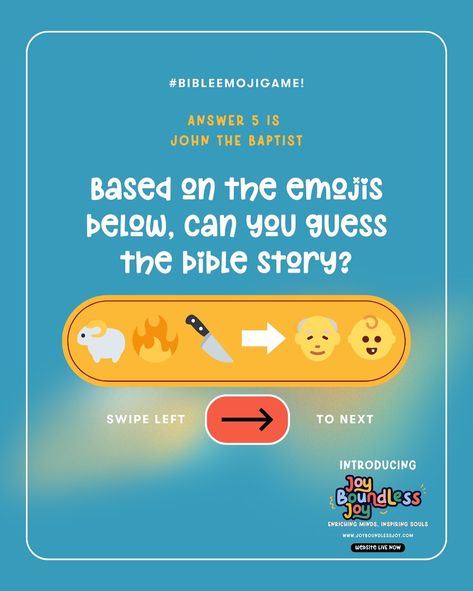 🧐 Bible Stories Through Emojis! 🧐 Can you guess which Bible characters or stories these emojis represent? Drop your answers in the comments! ⬇️ At Joy Boundless Joy (JBJ), we create products that help children connect with the Bible in new and exciting ways! 🎨 From Bible-themed books to soon-to-be-released merchandise, we aim to inspire young minds to grow in their faith every day. 💡 📚 We make learning about Jesus fun, engaging, and meaningful for children of all ages! 🙏 Check out our gro... Emoji Games, Bible Games, Bible Characters, About Jesus, John The Baptist, Bible Stories, Book Themes, Live In The Now, The Bible