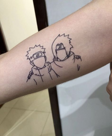 Anime Duo Tattoos, Minimalistic Naruto Tattoo, Naruto Fine Line Tattoo, Anime Fine Line Tattoo, Naruto Tatoos Ideas, Naruto And Sasuke Tattoo, Naruto Inspired Tattoos, Naruto Sasuke Tattoo, Matching Anime Tattoos