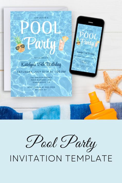 Pool Party Birthday Invitation, Teenage Pool Party, Any Age Birthday Pool Party Invite, Swimming Party, Electronic Invitation Teenage Pool Party, Pool Party Invite, Pool Party Invitation Template, Birthday Pool Party, Pool Party Birthday Invitations, Swimming Party, Swim Party, Pool Party Invitations, Pool Birthday Party