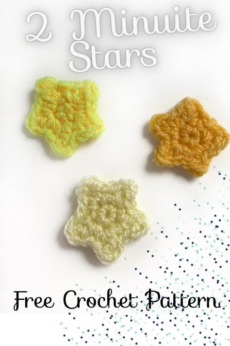 Fast and free crochet pattern for little star appliques. The motifs work up in minutes and are a great way to decorate your craft projects. Easy Crochet Projects 5mm, Crochet Small Cute Things, Easy Single Crochet Projects For Beginners Free Pattern, Tiny Yarn Crochet Projects, How To Crochet Stars Tutorials, How To Make Crochet Stars, Quick Crocheted Gifts, Tiny Crochet Star Free Pattern, Star Crochet Free Pattern