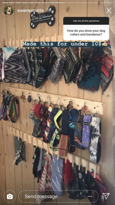 Dog bandanas, organization Storage Dog Stuff, Dog Accessory Storage, Organization For Dog Stuff, Dog Accessories Organization, Dog Wardrobe Ideas, Groomer Organization, Dog Grooming Bandana Storage, Dog Collar Organizer, Dog Kennel Organization