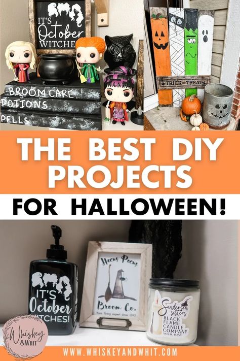 Fall & Halloween Wood DIYS 🎃 Plus My Hocus Pocus Themed Bathroom Reveal - Whiskey & Whit Book Hocus Pocus Diy, Diy Book Hocus Pocus, Hocus Pocus Signs Wood Diy, Hocus Pocus Vacuum Diy, Hocus Pocus Wood Decor, Diy Fall Garland, Themed Bathroom, Halloween Movie Night, Farmhouse Halloween