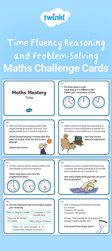 Develop fluency, reasoning and problem-solving skills using these structured time inspired challenge cards. Each time activity question prompts children to use their reasoning skills to explain their answer using the correct mathematical vocabulary. Visit the Twinkl website to download and discover thousands more teaching resources!   #maths #challengecards #mathematics #numeracy #time #tellingthetime #teacher #twinkl #twinklresources #teachingresources #homeeducationuk #homeschool #parents Question Prompts, Reasoning Activities, Time Word Problems, Ks2 Maths, Time Activity, Teaching Resources Primary, Math Problem, Math Problem Solving, Reasoning Skills