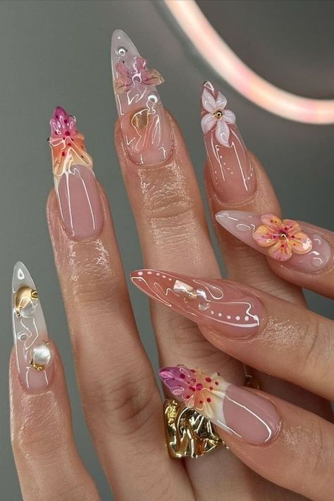 Tropical Spring Nails Tropical 3d Nails, Flower Nails Inspiration, Almond Tropical Nails, 3d Summer Nails Art Designs, Hawaii Nails Almond Shape, 3d Tropical Flower Nails, Tropical Theme Nails, Summer Nails 2024 Flowers, Summer Nails 3d Designs