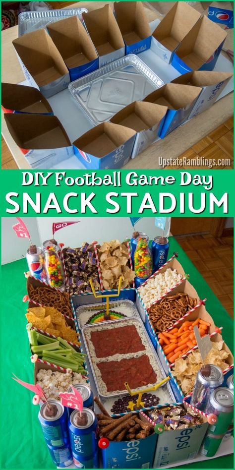 Super Bowl Food Kids, Football Stadium Snack Tray, Super Bowl Stadium Food, Packer Party Snacks, Edible Football Stadium, Football Stadium Dip, Super Bowl Party Food Charcuterie, Football Game Birthday Party, College Football Game Day Food