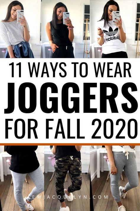 It's not fall without styling your favorite comfy joggers. Click to discover 10 Joggers outfit ideas for fall! - Casual fall outfit ideas 2020 Shoes To Wear With Joggers Casual, Dressy Jogger Outfits Women, Womens Joggers Outfit Dressy Work, Casual Outfit With Joggers, Jogger Sweater Outfit, Jogger Pants Outfit With Sneakers, Joggers With Cardigan Outfit, Joggers With Tennis Shoes Outfit, Shirts With Joggers Outfit