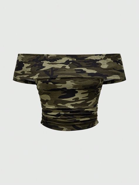 ROMWE Camouflage Printed One-Shoulder Pleated Summer Casual Vacation Women's T-ShirtI discovered amazing products on SHEIN.com, come check them out! Camo Crop Top, Army Print, Camouflage Outfits, Camo Top, Fashion Moodboard, Lace Cami Top, Y2k Outfits, Crop Top Outfits, Mood Board Fashion