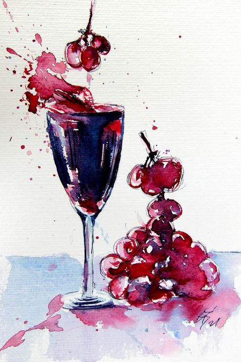 Wine And Grapes, Grape Painting, Wine Painting, Art Watercolor Painting, Loose Watercolor, Impressionism Art, Expressionism Painting, Contemporary Abstract Art, Still Life Painting