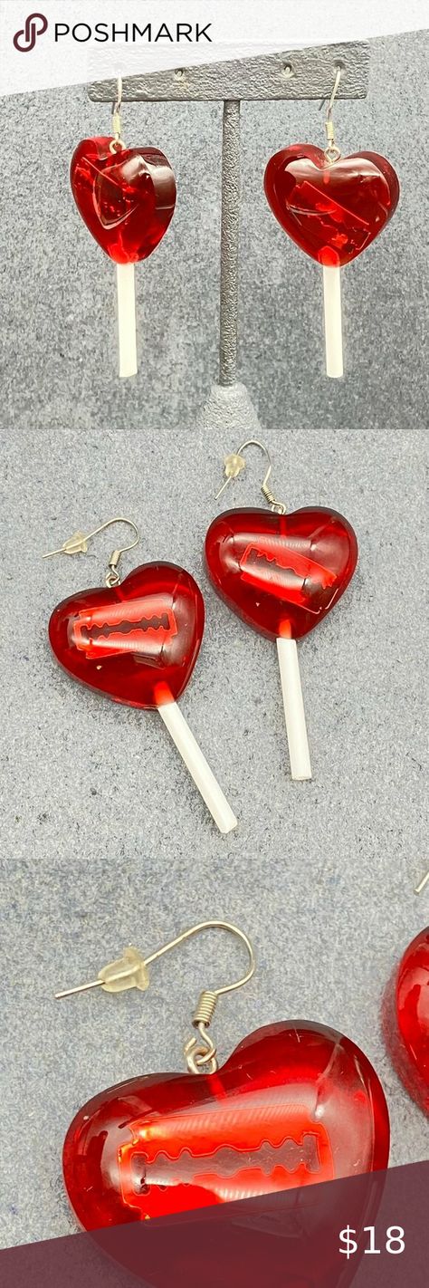 Heart Lollipop Dangle Pierced Earrings Halloween Razor Blade Resin Red White Fun Resin Lollipop, Lollipop Design, Lollipop Earrings, Heart Lollipop, Retro Candy, Earrings Halloween, Razor Blade, Fabulous Jewelry, When You Love