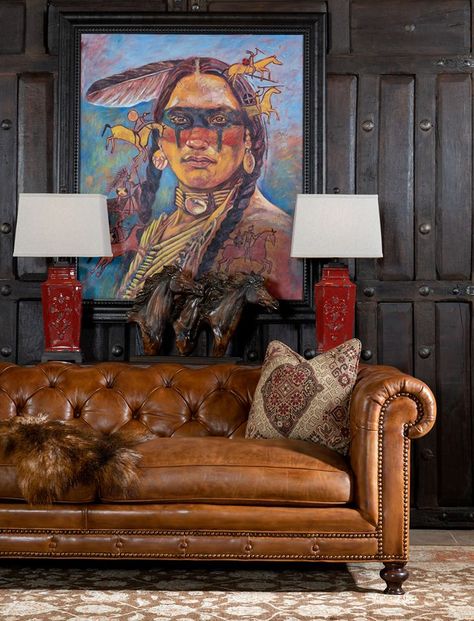 Native American Furniture, Native American Decor Living Room, Native American Interior Design, Native American Living Room, Native American Home Decor, Native Warrior, Chesterfield Couch, Adobe Interior, Painting Dimensions