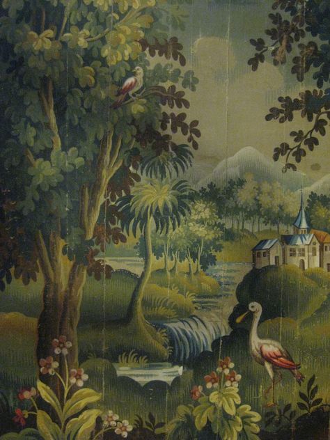 19th century painting from Aubusson Antique Wallpaper Vintage 19th Century, Pond Walkway, Rendering Drawing, Unicorn Tapestries, Century Painting, Tree Tapestry, Antique Wallpaper, 19th Century Paintings, Needlepoint Tapestry