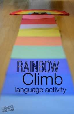 This playful preschool language activity teaches kids about color words, size words and provides a great dose of gross motor exercise! Language Activities For Preschoolers, Preschool Language Arts Activities, Language Activities Preschool, Preschool Language Arts, Language Development Activities, Building Vocabulary, Preschool Weather, Literacy Activities Preschool, Rainbow Activities