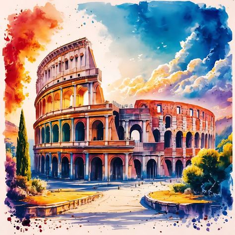 the iconic Roman Coliseum in italy - Wall Wonder Studio Coliseum Italy, Roman Mosaics, Mediterranean Art, Colosseum Rome, Italy Landscape, Roman Mosaic, Japanese Landscape, Night City, Milan Italy