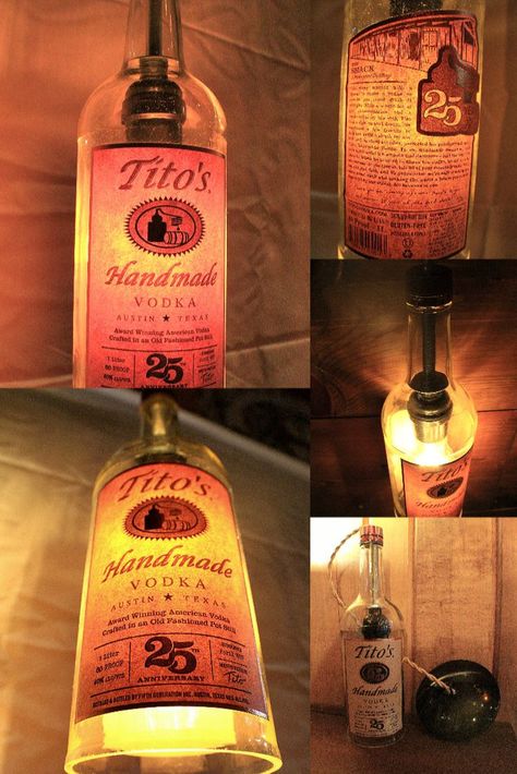 Tito's Vodka Hanging lamp provides a large label on both sides of the bottle to provide a subtle hue in your man-cave. Your room will read of class and rich mahogany 😁 Liquor Bottle Lamp, Bottle Lamp, Titos Vodka, Liquor Bottles, Hanging Lamp, Chandeliers, Liquor, Vodka, Lamps