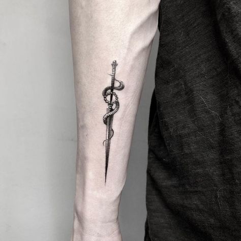 Snake And Dagger Tattoo, Art Tattoo Design, Simple Forearm Tattoos, Cuff Tattoo, Simple Arm Tattoos, Simple Tattoos For Guys, Forearm Band Tattoos, Tattoos Inspiration, Full Arm Tattoos