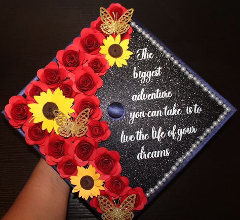 Excited to share this item from my #etsy shop: Graduation cap topper with 3D Roses, sunflowers ,butterflies and pearls | Graduation cap custom | graduation cap design | grad caps Congratulations On Your Graduation, Inspirational Graduation Quotes, Custom Graduation Caps, College Graduation Cap Decoration, Grad Hat, Grad Caps, Cap Decoration, Graduation Cap Toppers, Graduation Cap Designs