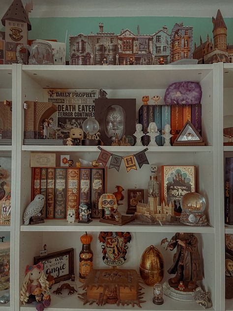 Harry Potter Themed Bookshelf, Harry Potter Bookshelf Ideas, Harry Potter Book Display, Harry Potter Bookshelf Display, Geek Bookshelf, Harry Potter Book Shelf Ideas, Aesthetic Harry Potter Room, Harry Potter Shelves, Harry Potter Collection Display