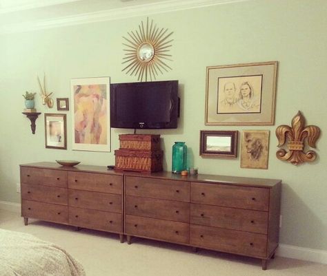 Interesting... two identical dressers side-by-side. If only we had that much space. Bedroom With Multiple Dressers, Bedroom 2 Dresser Ideas, Long Dresser Bedroom, Two Dressers Side By Side, 2 Dressers On One Wall, Two Dressers, Miss Match Bedroom Furniture, Dressers Side By Side, Double Dressers Side By Side