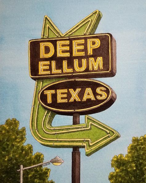 "This is a print of the original Watercolor Painting featuring the Deep Ellum Sign in Dallas, Texas. Print measures 5\" x 7\" - on paper. 110 lb. matte stock. This is one of a growing collection of paintings I'm creating that feature sites from the Backroads and Main Streets of Texas." Deep Ellum Dallas, Texas Watercolor, Texas Signs, Texas Print, Texas Poster, Texas Art, Retro Sign, Dallas Texas, Nirvana