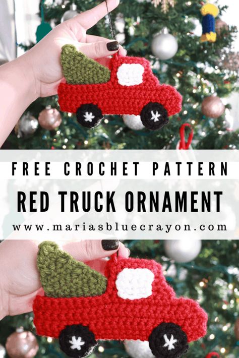 Crochet Red Truck Ornament - Free Pattern - Maria's Blue Crayon Crochet Red Truck, Kat Haken, Holiday Crochet Patterns, Truck Ornament, Ornament Crochet, Crochet Christmas Ornaments Free, Crochet Ornament Patterns, Christmas Crochet Patterns Free, Crocheted Christmas