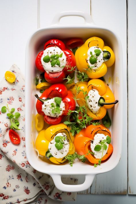 Herbed Goat Cheese Stuffed Peppers - Cooking Mediterranean Ray Peat, Herbed Goat Cheese, Creamy Goat Cheese, Recipe Drawing, Sweet Bell Peppers, Cheese Stuffed Peppers, Ground Lamb, Mediterranean Food, Cheese Stuffed