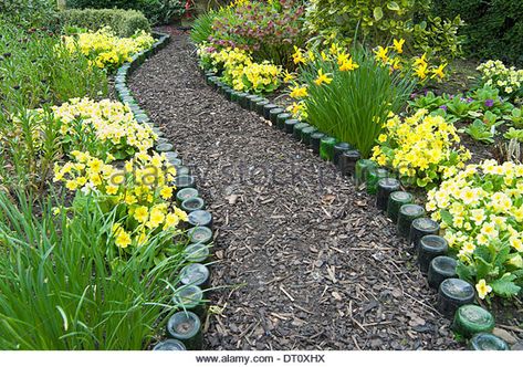 Bottle lined garden path with primroses in spring, - Stock Image Path Border, Wine Bottle Garden, Bottle Garden, Upcycling Ideas, Lawn And Landscape, Home Landscaping, Garden Path, Garden Edging, Garden Landscape Design