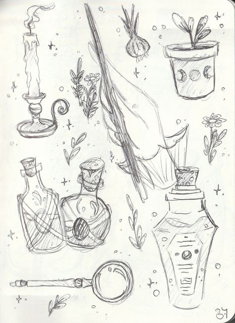 Old Vintage Drawings, Simple Pen Sketches, Dreamy Sketches, Random Objects To Draw, Fantasy Doodles, Witch Sketch, Hell Tattoo, Larp Props, Character Artist