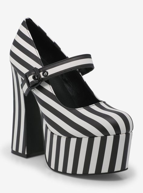 Which shoes will you be wearing to this year's hottest sequel movie? No mourning here with the Widow Heel. These faux leather heels come with a black and white stripe design   plus black enamel buckles and hardware.Listed in women's sizes.Platform: 2 14''Heel: 6''PolyurethaneImported Black And White Striped Heels, Operetta Cosplay, Clown Fit, Black And White Striped Outfit, Gothic Oc, Pinup Shoes, Alt Shoes, Gothic Sandals, Crazy Heels