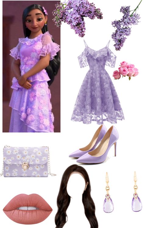 Isabela Madrigal Inspired Outfit, Encanto Dress Up Ideas, Isabella Encanto Disneybound, Encanto Theme Party Outfit, Isabella Disneybound, Encanto Family Costume, Encanto Inspired Outfits, Encanto Outfit Ideas, Purple Dress Halloween Costume