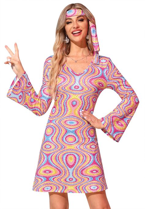 PRICES MAY VARY. Stand out at Halloween parties with our 70s Disco Sequin Party Go Go Dance Costume Outfit Dress, designed to sparkle and shine under the disco lights. Transport yourself back to the groovy era of the 70s with this costume, perfect for dancing the night away at themed parties and events. All eyes will be on you as you dazzle in this unique and eye-catching dress, filled with sequins and retro charm for the ultimate disco queen look. Whether you're hitting the dance floor or hosti Disco Halloween Costume, Mode Disco, Dress Masquerade, 70s Fashion Disco, 1970s Disco, Disco Fashion, Abstract Print Dress, Disco Dress, 70s Hippie