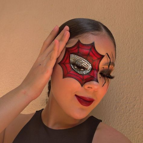 Spider Wed Makeup Halloween, Spider Woman Costume Ideas, Spiderwoman Costume Ideas, Rhinestone Spider Web Makeup, Spiderman Face Paint Women, Intense Halloween Makeup, Diy Spiderman Costume For Women, Spiderman Face Makeup, Miles Morales Inspired Makeup