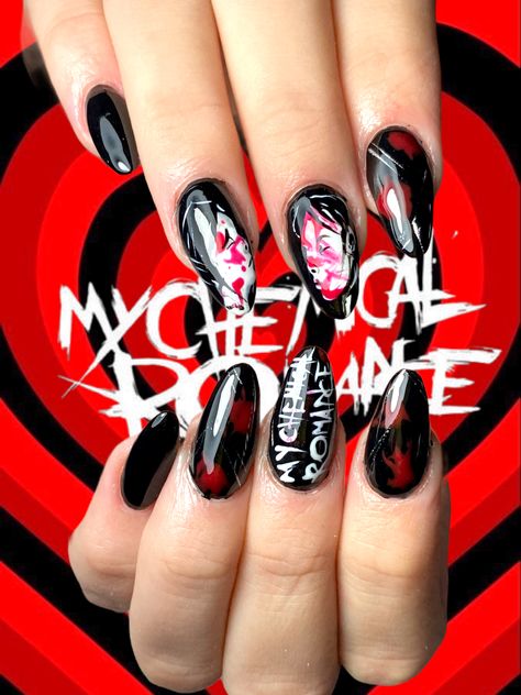 My Chemical Romance Nail Art, Mcr Nails Acrylic, My Chemical Romance Nails, Mcr Nails, Emo Nail, August Nails, Punk Nails, Extension Designs, I Love Nails