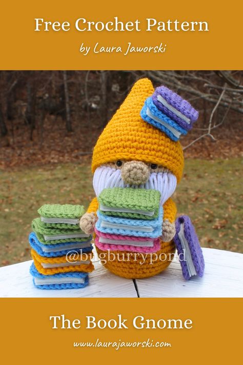 The Book Gnome Free Crochet Pattern by Laura Jaworski 📚 Crochet Reading, Book Crochet Ideas, Free Crochet Pattern For Gnomes, Crochet Gnome Free Pattern, Crochet Gonk, Gnome Crochet, Free Crochet Gnome Pattern Amigurumi, Small Crochet Gnome Pattern Free, Teacher Gnome Crochet Pattern