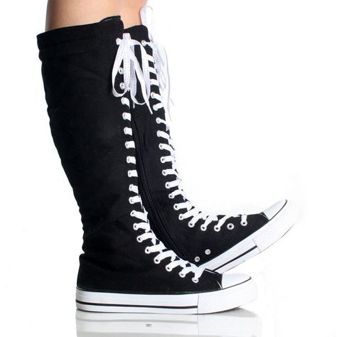 Black White Canvas Skate Lace Up Punk Sneaker Womens Knee High Boots ($15) ❤ liked on Polyvore featuring shoes, converse, sneakers, boots, sapatos, laced shoes, white black shoes, flat shoes, punk shoes and canvas lace up shoes Lace Up Converse, High Converse, Sneakers Ladies, Black And White Flats, Funny Shoes, White Flat Shoes, Punk Shoes, Lace Flats, Black And White Shoes