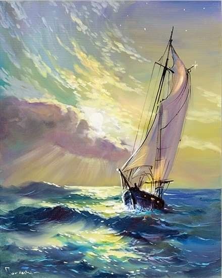 Sunset Boat Painting, Ocean Canvas Painting, Ship Oil Painting, Oil Painting Sea, Sailing Painting, Ocean Landscape Painting, Sail Ship, Navi A Vela, Modern Impressionism