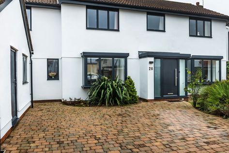 White Render Black Windows, Dark Grey Windows, White House Grey Windows, Anthracite Grey Windows, Grey Window Frames, Window Frame Colours, Black Windows Exterior, House Frontage, Sutton Park