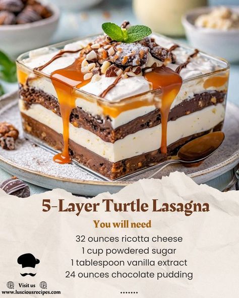 Luscious Recipes | 5-Layer Turtle Lasagna | Facebook Turtle Lasagna, Luscious Recipes, No Bake Desserts, No Bake, Lasagna, The Magic, Dessert, Baking, Lasagne