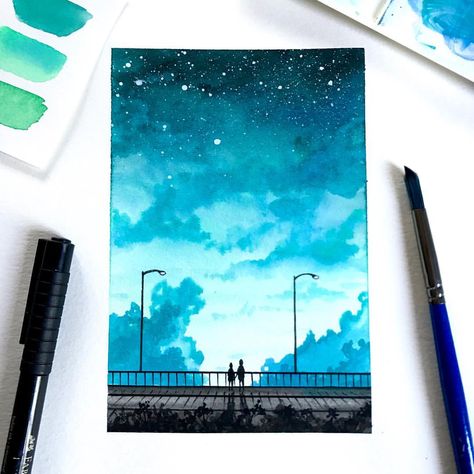 Watercolor Art Landscape, Watercolour Inspiration, Small Canvas Art, Watercolor Inspiration, Painting Art Projects, Gouache Painting, Watercolor Landscape, The Clouds, Ink Art