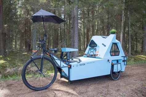 Z-Triton Camper Boat, Bicycle Camping, Tiny Camper, Micro Camper, Bike Camping, Mini Camper, Bike Trailer, Cargo Bike, Floating In Water