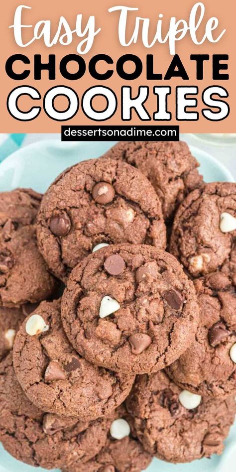 Easy Homemade triple chocolate cookies recipe is packed with chocolate flavor. It is a chocolate lovers dream and really easy to make. This Chocolate Chip Cookie Recipe is packed with milk chocolate, white chocolate and semisweet chocolate. #dessertsonadime #triplechocolatecookies #chocolatecookies Triple Chocolate Chip Cookies, Triple Chocolate Cookies, Cookies From Scratch, Chocolate Fan, Chocolate Chip Cookie Recipe, Chocolate Cookie Recipes, Chip Cookie Recipe, Triple Chocolate, Milk Chocolate Chips