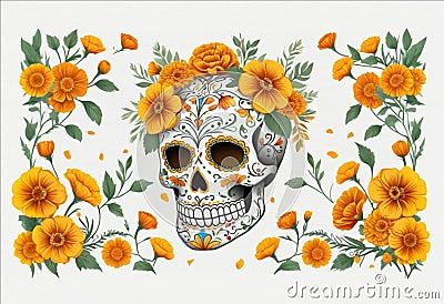 ai-generated-day-dead-skull-yellow-marigold-flowers-decorated-yellow-marigold-flowers Marigold Doodle, Drawing Marigold Flowers, Marigold Botanical Drawing, Marigold Vector, Mexican Marigold Art, Day Of The Dead Flowers Drawings, Day Of The Dead Illustration, Yellow Marigold, Marigold Flowers