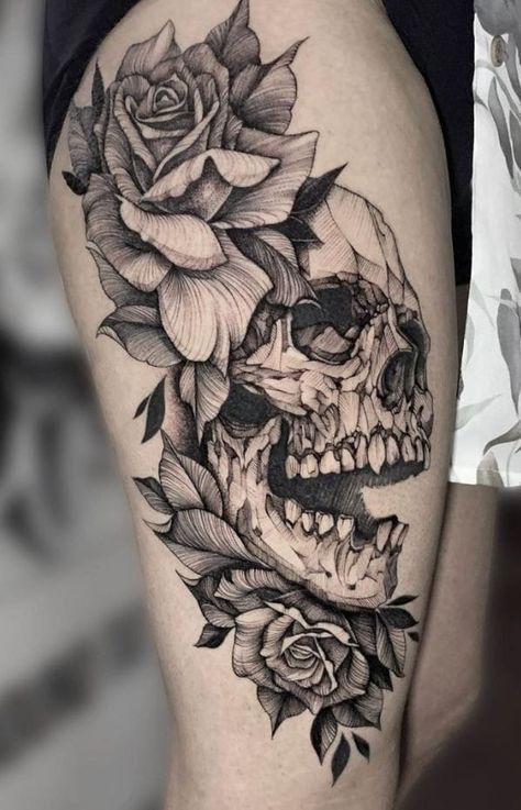 Overgrown Skull Tattoo, Skull Thigh Tattoo Women, Brazilian Tattoo, Floral Skull Tattoos, Skull Thigh Tattoos, Chore Ideas, Tattoo 2022, Skull Tattoo Flowers, Harley Tattoos