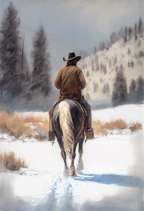 This stunning impressionist painting captures the rugged beauty of a cowboy and his horse riding through a snowy mountain landscape. The use of bold brushstrokes and rich colors brings this scene to life, making it a perfect addition to any home décor. This one-of-a-kind painting is sure to impress anyone who appreciates the beauty of nature and the Western way of life. Cowboy Horse Riding, Western Horse Painting, Cowboy Watercolor Paintings, Cowboy Paintings Western, Rdr2 Painting, Horse Riding Painting, Trending Paintings, Long Canvas Painting Ideas, Western Painting Ideas