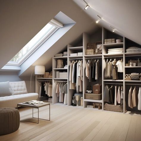 Low Ceiling Walk In Closet, Walk In Closet Ideas Attic, Attic Apartment Design, Room In Attic Ideas, Wardrobe In Attic Space, Attic Space Ideas Low Ceilings, Buardilla Ideas, Small Bedroom Dressing Room, Attic Dressing Room Ideas