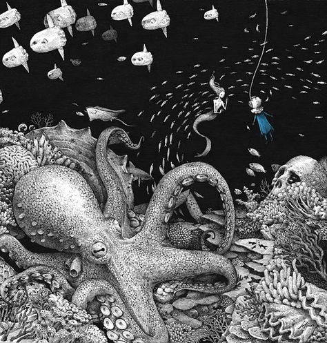 "Bluegirl in the Deep Sea" by Sungwon Sea Drawing, Sea Creatures Art, Sea Illustration, Deep Sea Creatures, Sea Art, Under Water, Art And Illustration, Art Painting Acrylic, In The Ocean