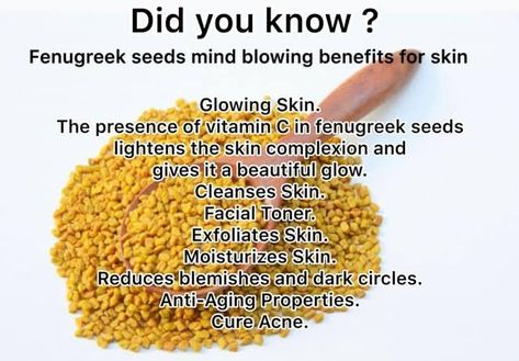 Fenugreek seeds can act as a wonderful skin cleanser. The fine granules of the seeds, when crushed into powder, go deep into your pores and clear away all the oil and dirt, giving you a fresh and clean face. Not only this, but you can use them as a gentle exfoliator as well Wheat Flour Face Pack, Cornflour Face Mask, Gram Flour Face Mask For Glowing Skin, Turmeric Gram Flour Face Mask, Haldi Doodh Benefits Of, Health Zone, Fenugreek Seeds, Skin Complexion, How To Exfoliate Skin