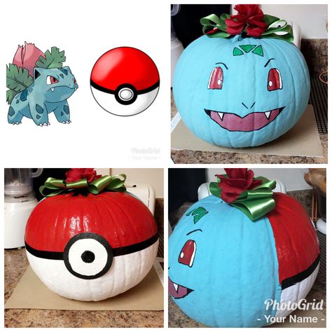 Pokemon Pumpkin Painting, Pokeball Pumpkin, Bulbasaur Pumpkin, Pumpkin Painting Ideas Halloween, No Carve Pumpkin Decorating Ideas, Pokemon Pumpkin, Painting Ideas Halloween, Pumpkin Painting Party, No Carve Pumpkin