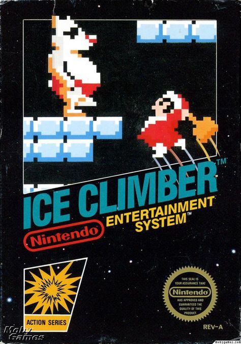 The box cover for Ice Climber, a platform game released for the Nintendo Entertainment System in 1985 Ice Climber, Nintendo Nes Games, Nintendo Classic, Vintage Video Games, V Games, Nintendo Entertainment System, Classic Video Games, Nes Games, Retro Videos