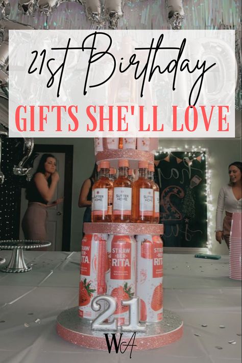 21st Birthday Gift Basket Ideas She'll Love For Her Birthday 21st Birthday Gift Basket, Alcohol Tower, Gifts For 21st Birthday, Diy Alcohol Gifts, 21st Birthday Centerpieces, 21st Birthday Gift Baskets, Best 21st Birthday Gifts, Diy 21st Birthday Gifts, Cute Party Decorations