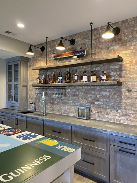 Back Wall Bar Ideas, Bar Shelves With Lights, Barndominium Bar Ideas, Brick Bar Ideas, Brick Bar Ideas For Home, Brick Basement Bar, Farmhouse Basement Bar Ideas, Brick Wall Bar, Industrial Basement Bar